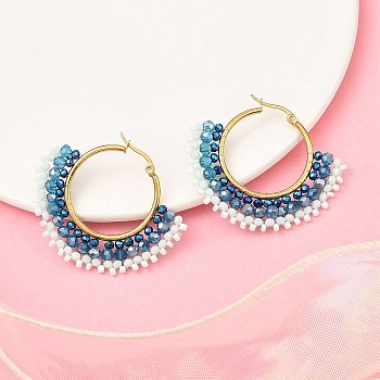 304 Stainless Steel & Bohemian Beaded Fan Hoop Earrings for Women, Golden, Dodger Blue, 43.5x50x4.5mm, Pin: 0.8mm