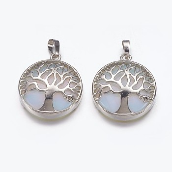 Opalite Pendants, with Brass Finding, Flat Round with Tree of Life, Platinum, 31x27x6mm, Hole: 5x8mm