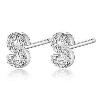 Rhodium Plated 925 Sterling Silver Initial Letter Stud Earrings, with Cubic Zirconia, Platinum, Letter S, 5x5mm