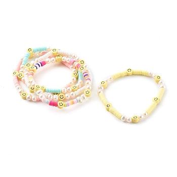 Handmade Polymer Clay Heishi Beaded Stretch Bracelets, with Natural Pearl Beads, Smiling Face, Mixed Color, Inner Diameter: 2-1/8 inch(5.5cm)