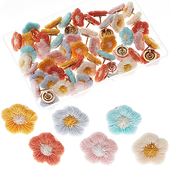 60Pcs Cloth Embroidery with Drawing Pins, Flower, Mixed Color, 14x15mm