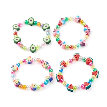 Stretch Kids Bracelets, with Eco-Friendly Transparent Acrylic and Fruit & Heart & Sunflowers Polymer Clay Beads, Mixed Color, Inner Diameter: 1-7/8 inch(4.8cm)