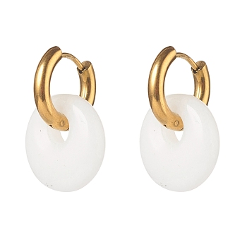 Handmade Natural White Jade Dangle Hoop Earrings, with 304 Stainless Steel Huggie Hoop, Oval, 27.5mm, Pin: 1mm