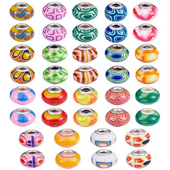 38Pcs 19 Colors Handmade Polymer Clay European Beads, Large Hole Beads, Rondelle, Mixed Color, 13~16x8~11mm, Hole: 4.5~5mm, 2pcs/color