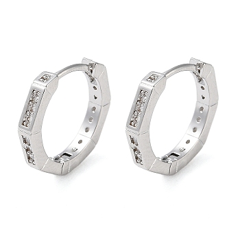 Brass Micro Pave Clear Cubic Zirconia Hoop Earrings, Polygon, Platinum, 12.5x13.5x3mm