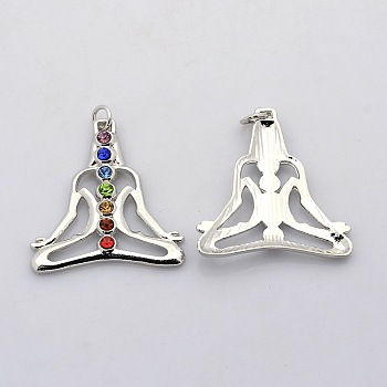 Yoga Jewelry Colorful Human Brass Glass Rhinestone Chakra Pendants, Platinum, 36x33x3mm, Hole: 4mm