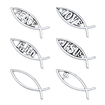 6Pcs 6 Style ABS Easter Decoration Sticker, for Car Decoration, Jesus Fish/Christian Ichthys Ichthus, Silver, 140x46x6mm, 1pc/style