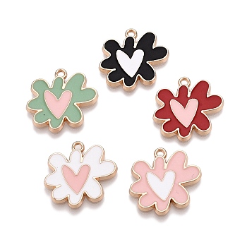 Rack Plating Alloy Enamel Pendants, Golden, Flower with Heart Charm, Mixed Color, 18.5x20.5x1.5mm, Hole: 1.6mm