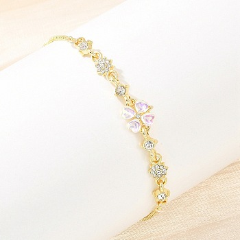 Alloy Rhinestone Slider Bracelets, Box Chain Bracelets for Women, Clover & Flower, Golden, 10.47 inch(26.6cm)