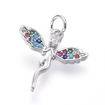 Brass Micro Pave Cubic Zirconia Pendants, with Jump Rings, Angel, Colorful, Platinum, 17x16x1.5mm, Hole: 3mm