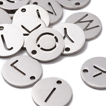 201 Stainless Steel Charms, Flat Round with Letter, Stainless Steel Color, Random Mixed Letters, 12x1mm, Hole: 1.5mm
