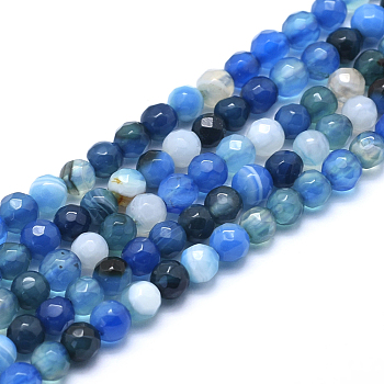 Natural Striped Agate/Banded Agate Beads, Dyed, Faceted Round, Blue, 6mm, Hole: 1mm, about 61pcs/strand, 14.3 inch(36.5cm)