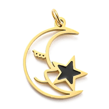 304 Stainless Steel Charms, with Jump Ring and Enamel, Moon with Star Charm, Real 14K Gold Plated, 15x11x1mm, Hole: 2mm
