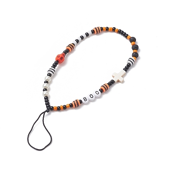Halloween Glass Beaded Mobile Straps, with Synthetic Turquoise & Lava Rock Beads, Nylon Thread Anti-Lost Mobile Accessories Decoration, Word Boo/Skull/Cross, Mixed Color, 19.2cm