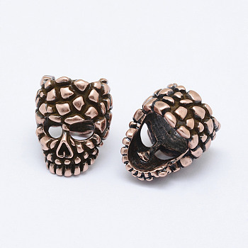 Brass Skull Mask Beads, Long-Lasting Plated & , Cadmium Free & Nickel Free & Lead Free, Red Copper, 18x14x14.5mm, Hole: 9mm