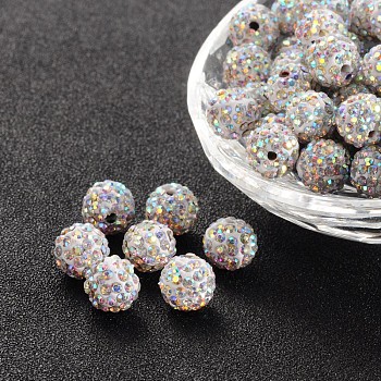 Pave Disco Ball Beads, Polymer Clay Rhinestone Beads, Round, Crystal AB, PP13(1.9~2mm), 6 Rows Rhinestone, 10mm, Hole: 2mm