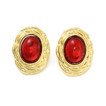 Rack Plating Oval Brass Stud Earrings, with Plastic, Lead Free & Cadmium Free, Long-Lasting Plated, Red, 28.5x22mm