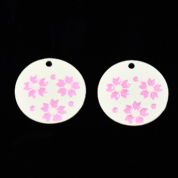 Spray Painted Alloy Pendants, with Enamel, Cadmium Free & Nickel Free & Lead Free, Flat Round with Sakura Flower, Hot Pink, 21.5x22x2mm, Hole: 2mm
