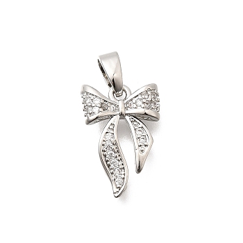 Brass Clear Cubic Zirconia Pendants, Bowknot Charms, Long-Lasting Plated, Platinum, 15x10x3mm, Hole: 5x3mm
