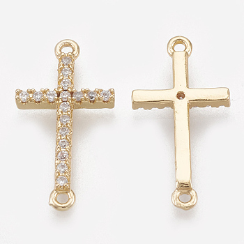 Cubic Zirconia Links, Real 18K Gold Plated, with Brass Findings, Sideways Cross, Clear, 17.5x9x1.5mm, Hole: 1mm