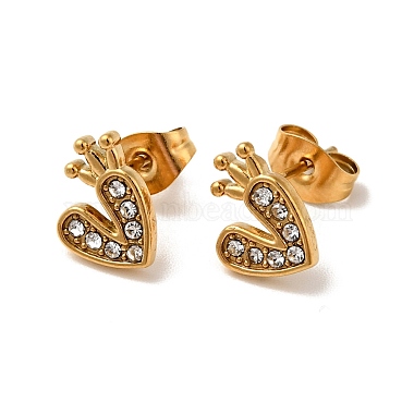 Heart with Crown 304 Stainless Steel Rhinestone Stud Earrings(EJEW-A081-16G)-2