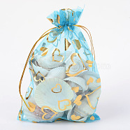 Heart Printed Organza Bags, Gift Bags, Rectangle, Light Sky Blue, 18x13cm(OP-R022-13x18-01)