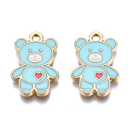 Alloy Pendants, with Enamel, Cadmium Free & Lead Free, Light Gold, Bear with Heart, Pale Turquoise, 19.5x13x1.5mm, Hole: 2mm(ENAM-S119-087B-RS)
