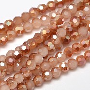 Faceted Round Half Rainbow Plated Imitation Jade Electroplate Glass Beads Strands, Chocolate, 4mm, Hole: 1mm, about 100pcs/strand, 14.9 inch(X-EGLA-J130-HR05)