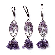 1Pc Natural Amethyst Big Pendant Decotations, with Brass Findings, Horse Eye with Tree of Life Pattern, Cadmium Free & Lead Free, with 1Pc Rectangle Velvet Pouches, 192mm(G-SZ0001-95A)
