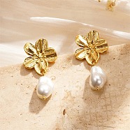 Flower 304 Stainless Steel Stud Earrings, Acrylic Imitation Pearl Dangle Earrings for Women, Golden, 43x22.5mm(EJEW-Z065-13G)