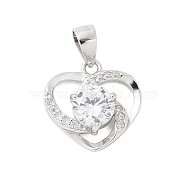 Fine Silver Cubic Zirconia Heart Charms, Platinum, Rhodium Plated, Clear, 14x13.5x4.5mm, Hole: 5x3.5mm(STER-S008-02A-P)