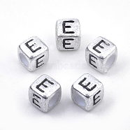 Plated Acrylic Beads, Horizontal Hole, Cube with Letter, Antique Silver, Letter.E, 6mm, Hole: 3mm, about 3000pcs/500g(PB43C9308-E)
