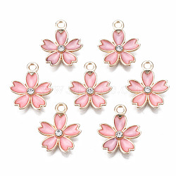 Alloy Enamel Pendants, with Crystal Rhinestone, Sakura Flower, Light Gold, Light Coral, 17x14x3mm, Hole: 1.8mm(ENAM-S121-052D)