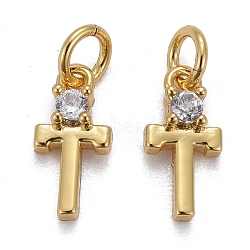 Brass Micro Pave Clear Cubic Zirconia Pendants, with Jump Rings, Real 18K Gold Plated, Long-Lasting Plated, Letter, Letter.T, 10x5x2.5mm(ZIRC-Z011-35T)
