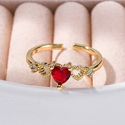 Rack Plating Brass Micro Pave Cubic Zirconia Open Cuff Finger Rings for Women, Long-Lasting Plated, Heart, Real 18K Gold Plated, 6.5mm(RJEW-M028-90G)