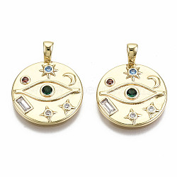 Brass Micro Pave Colorful Cubic Zirconia Pendants, Nickel Free, Flat Round with Eye & Moon & Star & Sun, Real 18K Gold Plated, 22x17x2mm, Hole: 2x3mm(X-KK-S356-222G-NF)