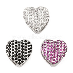 Brass Micro Pave Cubic Zirconia Slide Charms, Long-Lasting Plated, Heart, Platinum, 12x11.5x5.5mm, Hole: 1.5x3mm and 10x1.5mm(ZIRC-I068-10P)