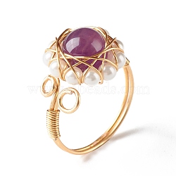 Natural Amethyst Finger Ring for Girl Women, Round Shell Pearl Beads Ring, Brass Wire Wrap Ring, Golden, US Size 7 3/4(17.9mm)(RJEW-TA00012-5)