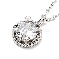 201 Stainless Steel Cable Chain Necklaces, Brass Clear Cubic Zirconia Flat Round Pendant Necklaces, Stainless Steel Color, 15.87 inch(40.3cm)(NJEW-L124-013P)