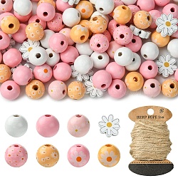 Flower & Round Natural Wooden Beads, Dyed, with Jute Cord, Mixed Color, 15~19x14~19mm, Hole: 3.3~4.5mm(WOOD-YW001-76)