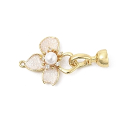 Brass Enamel Fold Over Clasps, with Glitter & ABS imitation pearl, Flower, Real 18K Gold Plated, 34mm(KK-U059-05G)