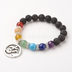 Gemstone Bead Charm Bracelets, Chakra Stretch Bracelets, with Alloy Findings, Ring with Om Symbol, Colorful, 58mm(2-1/4 inch)(X-BJEW-JB02600--05)