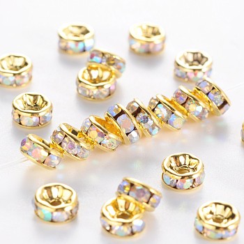 Brass Grade A Rhinestone Spacer Beads, Golden Plated, Rondelle, Nickel Free, Crystal AB, 5x2.5mm, Hole: 1mm