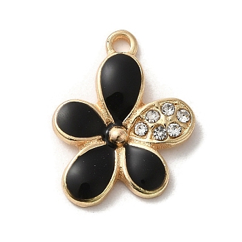 Flower Alloy Enamel Pendants, with Rhinestone, Light Gold, Black, 17.5x13x2.5mm, Hole: 1.4mm