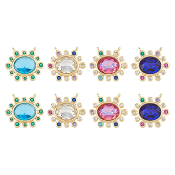 8Pcs 4 Colors Brass Cubic Zirconia 2-Loop Pendants, Oval Charm, Faceted, Cadmium Free & Nickel Free & Lead Free, Real 18K Gold Plated, Mixed Color, 16.5x18x4.5mm, Hole: 1mm, 2pcs/color