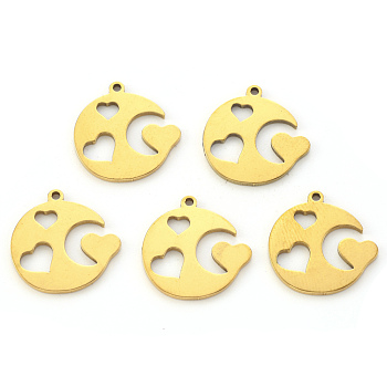 Vacuum Plating 201 Stainless Steel Pendants, Laser Cut, Flat Round with Heart, Golden, 16x16x1mm, Hole: 1.2mm