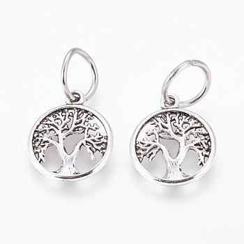 Tibetan Style Alloy Pendants, Flat Round with Tree, Antique Silver, 19x16x1.5mm, Hole: 8mm