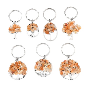 Natural Red Aventurine Chip & Alloy Tree of Life Pendant Keychain, with Iron Split Key Rings, 5.9~6.8cm