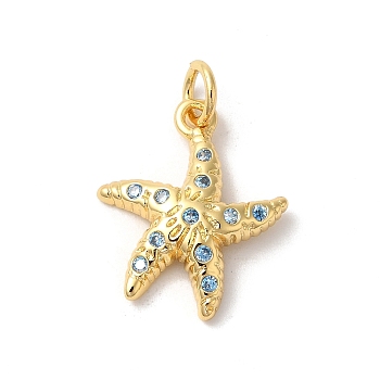 Rack Plating Brass Cubic Zirconia Pendants, with Jump Ring, Long-Lasting Plated, Lead Free & Cadmium Free, Starfish, Real 18K Gold Plated, 21x14x4mm, Hole: 3mm