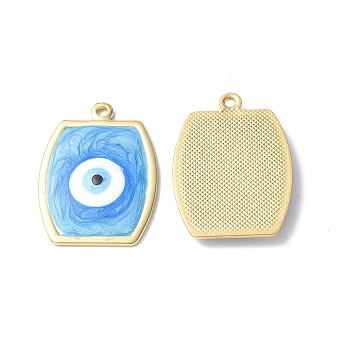 Brass Enamel Pendants, Real 18K Gold Plated, Long-Lasting Plated, Rectangle with Evil Eye Charm, Cornflower Blue, 29.5x21x2.5mm, Hole: 1.8mm